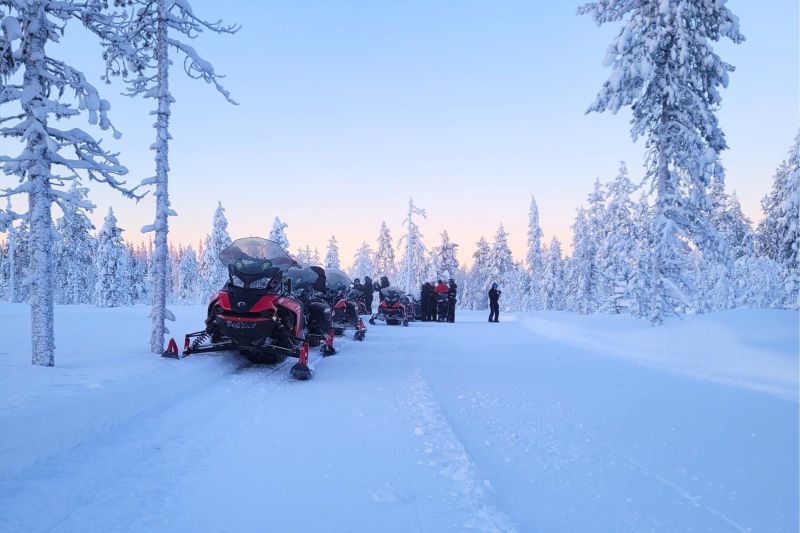 Moottorikelkkailu Ruka-Kuusamossa. Moottorikelkat jonossa Rukan lumisessa metsässä moottorikelkkailureitillä.